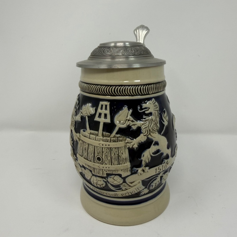 Domex Made in Germany Beer Stein Pewter Lid Ceramic Cobalt Blue Lion Barrel